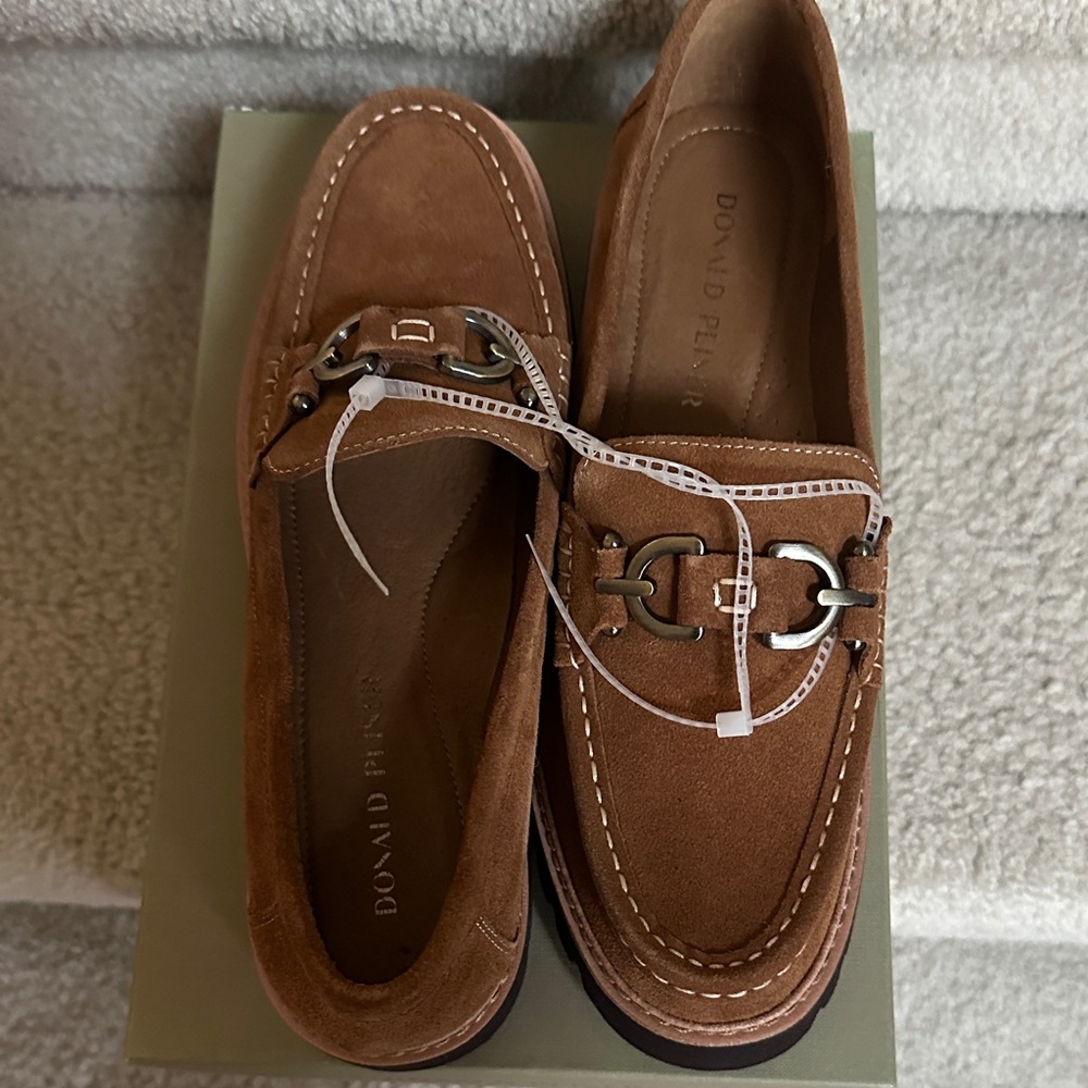 Donald J. Pliner Tan Suede Loafers with Metal Accent